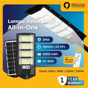 Lampu Jalan Solar All In One Murah 60W 90W 120W 150W Street Light PJU Tenaga Surya Tenaga Matahari Panel Gabung Tahan Air Waterproof Outdoor Garansi Awet Hemat Listrik Sensor Gerak