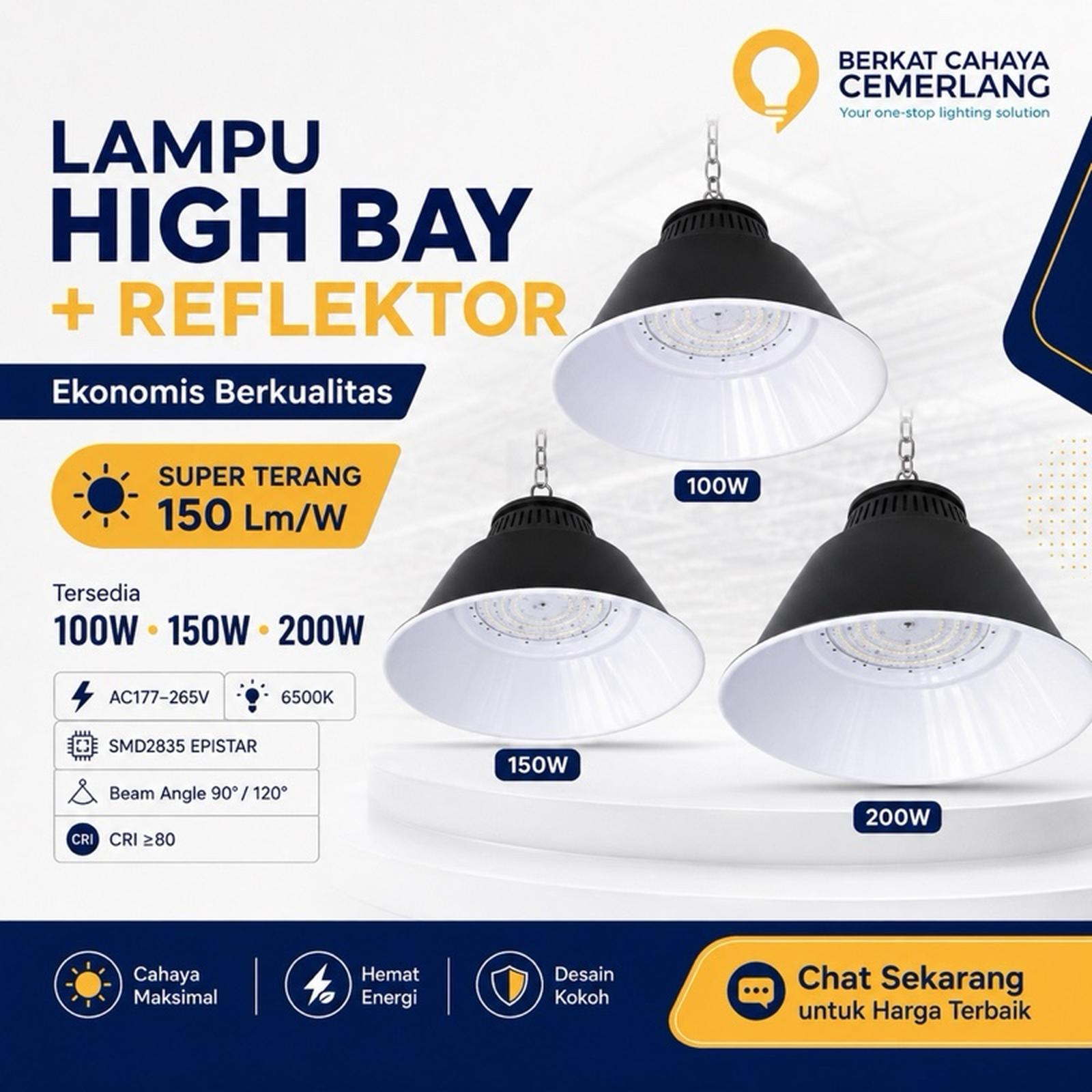Lampu High Bay LED Reflektor 100W 150W 200W Lampu Gantung Highbay Gudang Pabrik Toko Workshop Warehouse Waterproof Lapangan GOR Olahraga 150 Lm/W IP65 IP66 6500K Ekonomis Murah Berkualitas