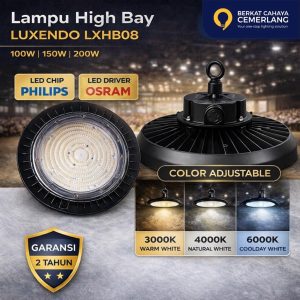 Lampu Gantung Pabrik 100W 150W 200W Lampu UFO Highbay LED LXHB08 3 Warna 3000K 4000K 6000K IP65 Tahan Air Waterproof Garansi Lampu High Bay LUXENDO Industri Warehouse Premium
