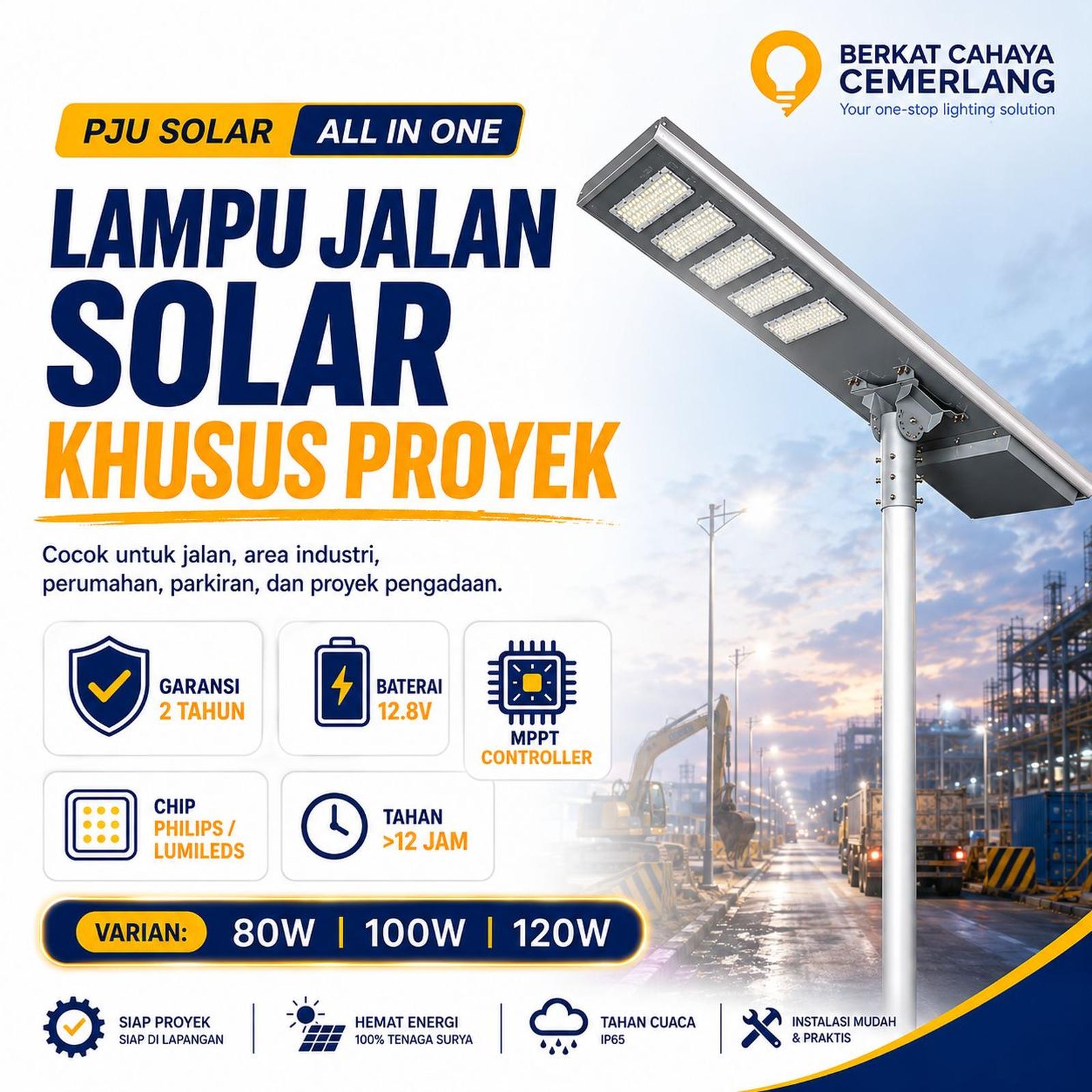 Lampu Jalan PJU Solar All In One 80W 100W 120W Baterai 12.8V MPPT Chip Philips Lumileds Street Light Proyek Outdoor Waterproof IP66