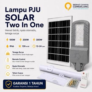 Lampu PJU Solar Two In One 100W 200W 300W LED Bridgelux IP66 Remote Garansi 1 Tahun Hemat Listrik Nyala Otomatis