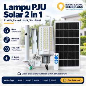 Lampu PJU Solar 2 in 1 800W 1000W 1200W 1500W 2000W Lampu Jalan Outdoor Tenaga Surya Panel IP65 IP66 LifePo4 Remote Control