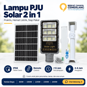 Lampu PJU Solar 2 in 1 LED Besar 800W 1000W 1200W 1500W 2000W Lampu Jalan Tenaga Surya LiFePO4 IP66 Remote Outdoor Waterproof Tanpa Sensor Gerak Nyala Otomatis 12 Jam