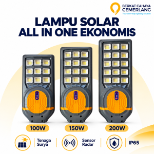Lampu Jalan Solar All In One Ekonomis 100W 150W 200W IP65 Sensor Radar Tenaga Surya Remote Control