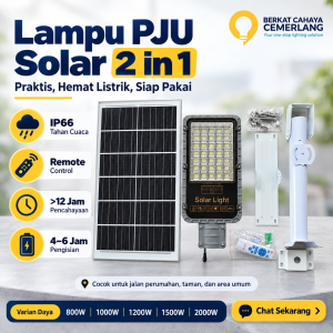 Lampu PJU Solar 2 in 1 800W 1000W 1200W 1500W 2000W Lampu Jalan Panel Tenaga Surya IP66 LiFePO4 Outdoor Waterproof Tanpa Sensor Gerak Nyala Otomatis 12 Jam