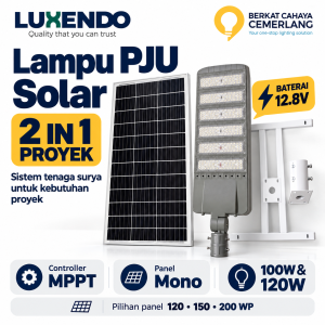 Lampu PJU Solar 2 in 1 Proyek LUXENDO 100W 120W Lampu Tenaga Surya Baterai 12.8V MPPT