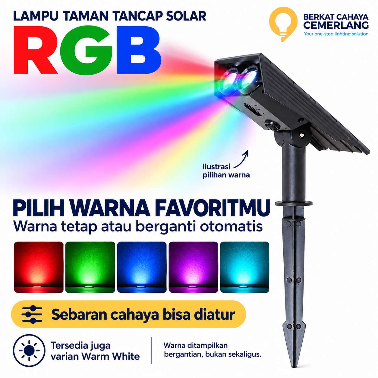 Lampu Taman Tancap Solar 10W RGB Warm White 3000K IP65 Sorot Tenaga Surya Fokus Adjustable